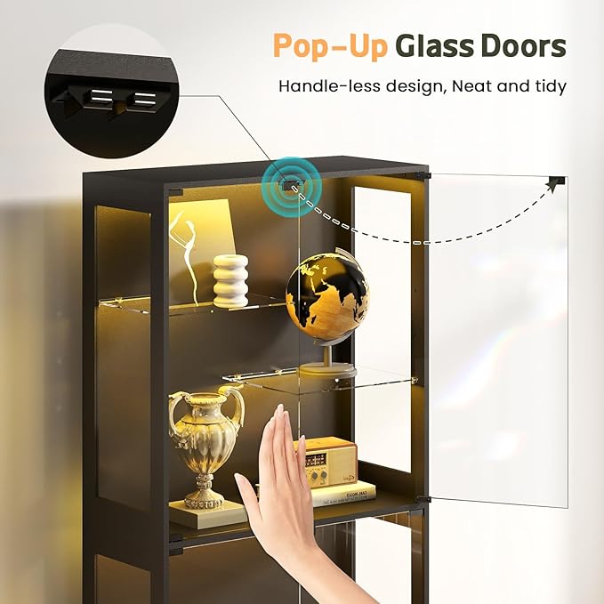 69-Inch Glass Display Cabinet - Curio Cabinet with RGB Lighting, Adjustable Shelves Display Case, for Game Room, Living Room, Bedroom, Black