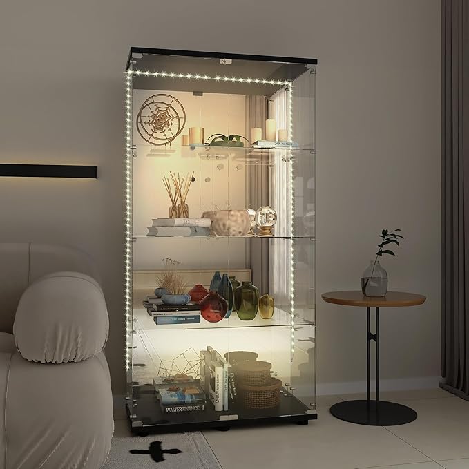 Yoluckea 4 Tiers Glass Display Cabinet with Bluetooth LED Light Strip, 2 Doors Floor Standing Curio Cabinet with Adjustable Feet and Mirror Back Panel, Black Glass Bookshelf for Collections, Wood Top