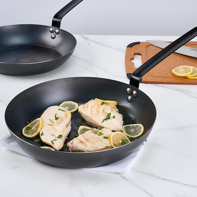 Restaurantware-Met Lux 13 Inch Fry Pans, 6 Lightweight Frying Pans - Induction-Ready, Triple-Riveted, Black Carbon Steel Cooking Skillets, Durable, For Searing, Sauteing, And Browning Food