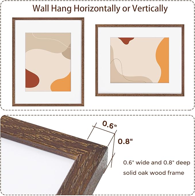 16x20 Picture Frames Set of 3, 16 x 20 Solid Oak Wood Frame for Wall, 16 x 20 Picture Frame with Tempered Glass, 16x20 Frame Matted to 11x14, Rustic Wood 16 by 20 Frames, Walnut Color