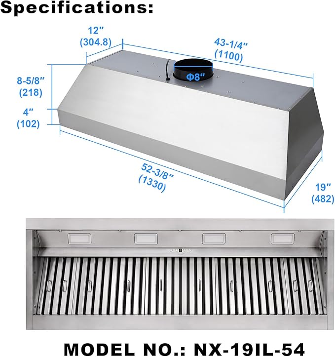 Akicon Range Hood Insert 54 Inch, 1200 CFM Built-in Kitchen Hood with 4 Speeds, Ultra-Quiet Stainless Steel Ducted Vent Hood Insert with Dimmable LED Lights and Dishwasher Safe Filters (Warm White)