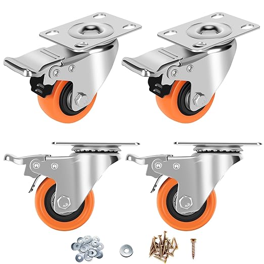 Caster Wheels, 2" Casters Set of 4 Heavy Duty - Locking Casters Orange Polyurethane Wheel, Swivel Plate Caster with Brake, Non-Marking Castor Wheels for Carts Furniture and Workbench