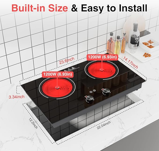 2400W Electric Cooktop: 24" Electric Stove 2 Burner Hot Plate Double Burner Cooktop, GTKZW Knob Control Countertop & Built-in, 9 Power Levels, Child Lock, Timer, Suitable for all Pans