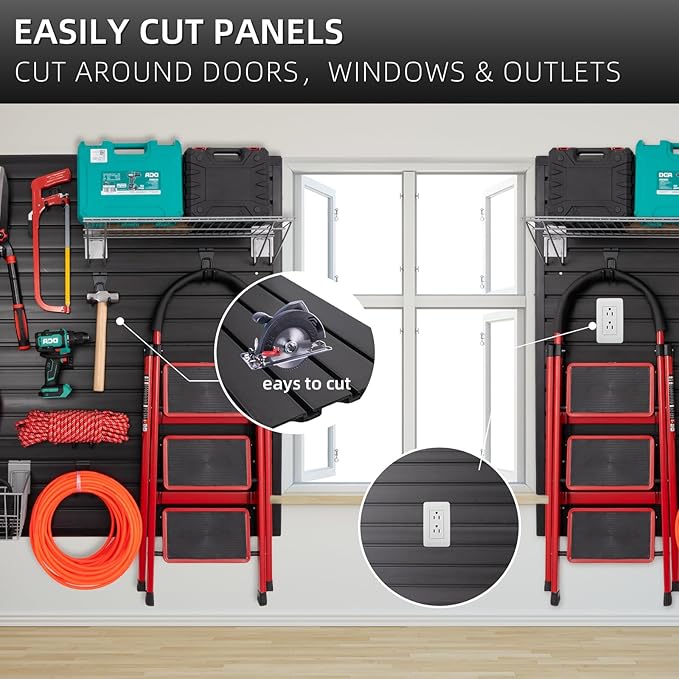 Slatwall Panel Garage Slat Wall Storage Systems, PVC Slat Wall Paneling Garage Tool Organizer Wall Mount, Black 4’x2’ Slatwall Panels Garage Wall Organizer, Garage Storage & Organization Products