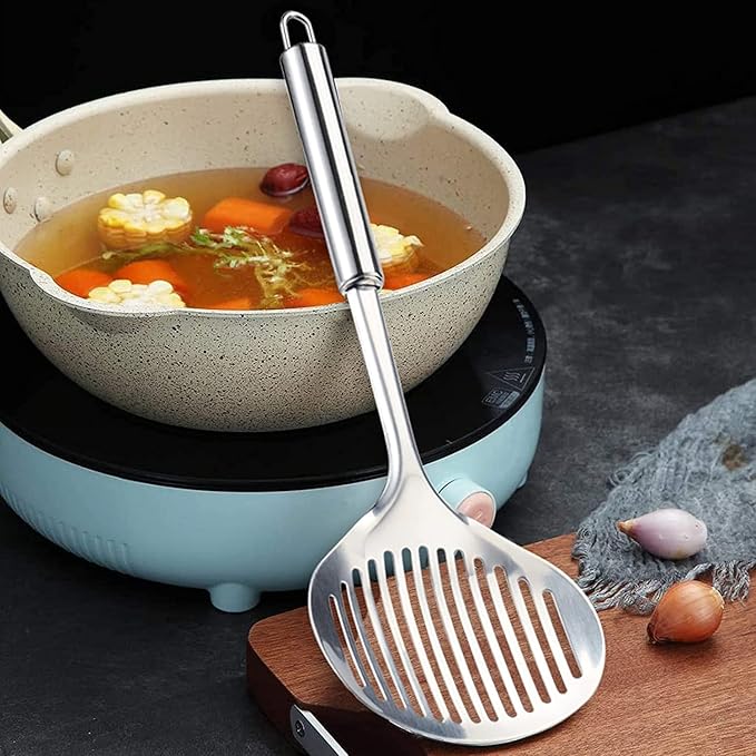 TENTA Kitchen 2pcs Pasta Spoon Kitchen Spoons Spider Strainer Metal Strainer Wok Utensils Spider Skimmer Stainless Steel & Nylon Slottes Spoon, Spatula For Nonstick Pot and Stainless Steel/Iron Wok