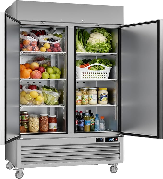 VEECOOL 54.4" W Commercial Refrigerator WiFi Enabled Stainless Steel 2 Door Reach in Fridge with Smart App Control, 49 Cu.Ft Fan Cooling Upright Fridge for Restaurant Bar Cafe Garage