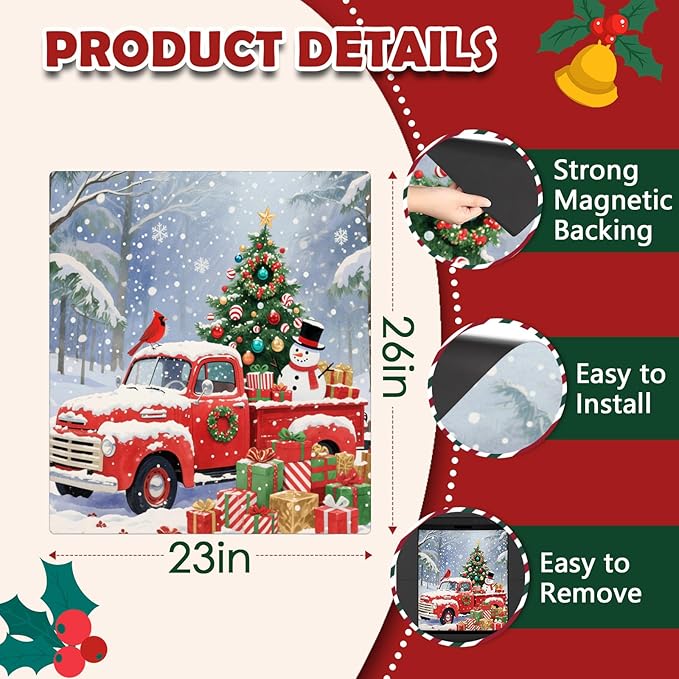 Christmas Truck Tree Dishwasher Magnet Cover, 23" W x 26" H Fridge Magnetic Stickers Reuseable Magnet Panel Decal Cover for Washing Machine Fridge Microwave Cabinet Kitchen Christmas Decoration