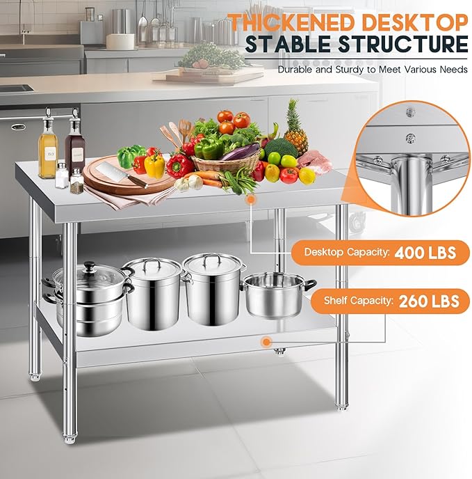 Jocisland 30" x 48" Stainless Steel Table for Prep & Work Adjustable Under Shelf and Feet, for Commercial Kitchen, Restaurant, Hotel, Garage