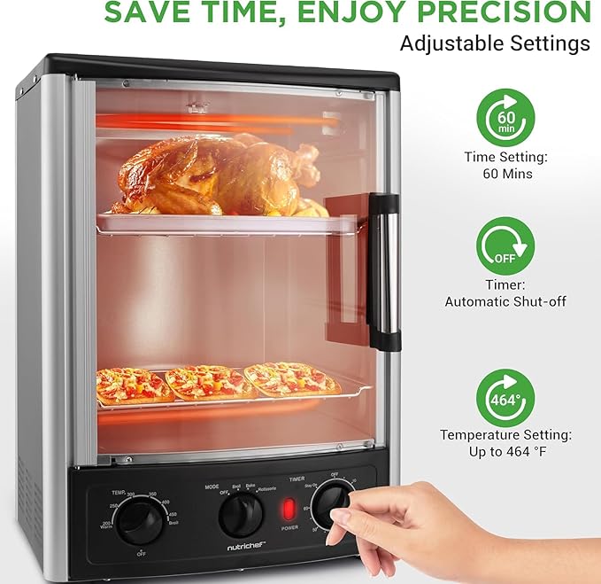 Nutrichef Vertical Countertop Oven with Rotisserie, Bake, Broil, & Kebab Rack Functions - Adjustable Settings - 2 Shelves - 1500W - Thanksgiving Turkey - Includes Grill, Kebab skewer racks & bake pan
