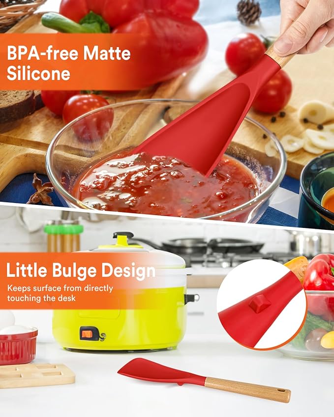 Cooking Spoon for Nonstick Cookwares, Great for Cooking and Serving Sturdy BPA-Free Matte Silicone, Wood Handle Spoon for Mixing, Scoop, and Scrape (RED, 13.4 inch)