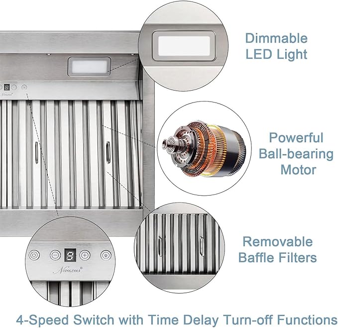 Akicon Range Hood Insert 54 Inch, 1200 CFM Built-in Kitchen Hood with 4 Speeds, Ultra-Quiet Stainless Steel Ducted Vent Hood Insert with Dimmable LED Lights and Dishwasher Safe Filters