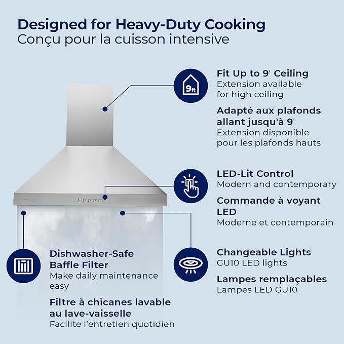 Hauslane Wall Mount Range Hood 30 Inch, Pro Model, Stainless Steel Range Hood, Strong Suction, Changeable LED Lamps, 6” Duct or Ductless, Kitchen Hood Vent, Stove Hood Vent