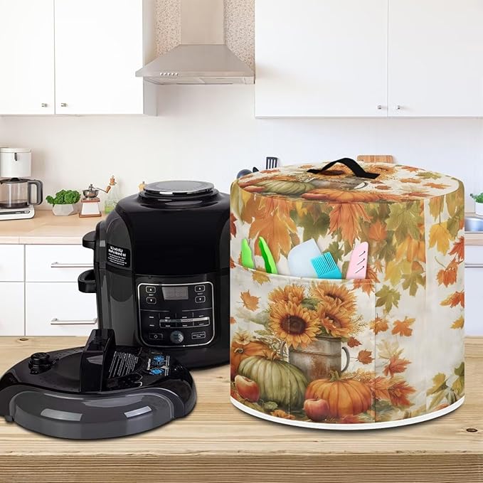 Fall Decor Stain-resistant Pressure Cooker Dust Cover Accessories for 6 Quart, Kitchen Appliance Air Fryer Rice Cooker Cover with Top Handle and Storage Pocket Sunflower Pumpkins