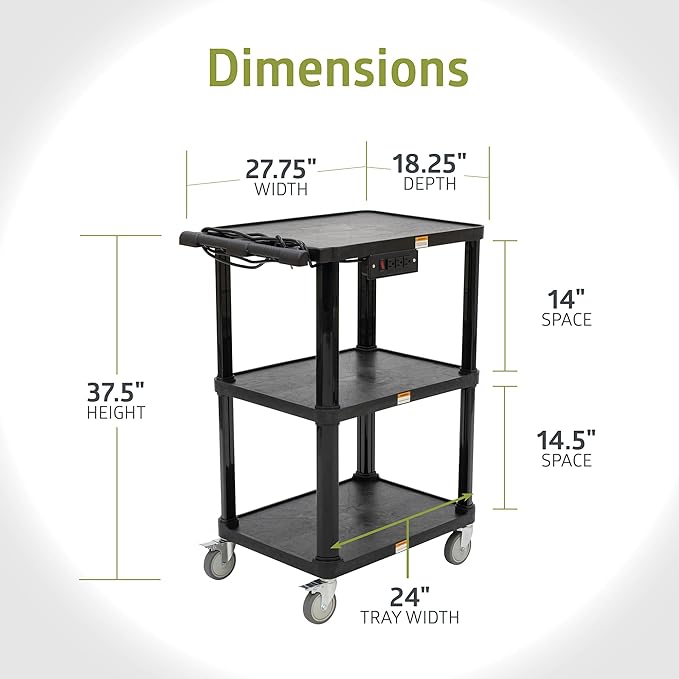 Pearington 3-Shelf Mobile Utility Cart with 3 Outlets and 8' Cord, Heavy-Duty Service Cart for Offices and Warehouses with 3 Shelves, Black, 2 Pack