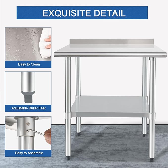 HARDURA Stainless Steel Table Prep & Work Table 24 x 36 Inches NSF Heavy Duty Commercial with Undershelf and Backsplash for Restaurant Kitchen Home and Hotel