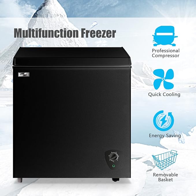 Chest Freezer 5.0 Cu.Ft Black Compact Freezer, Manual Defrost Deep Freezer with Storage Basket, Space-Saving Flat Back, Stay-Open Lid, Side-Access Drain for Home Basement Cottage Business