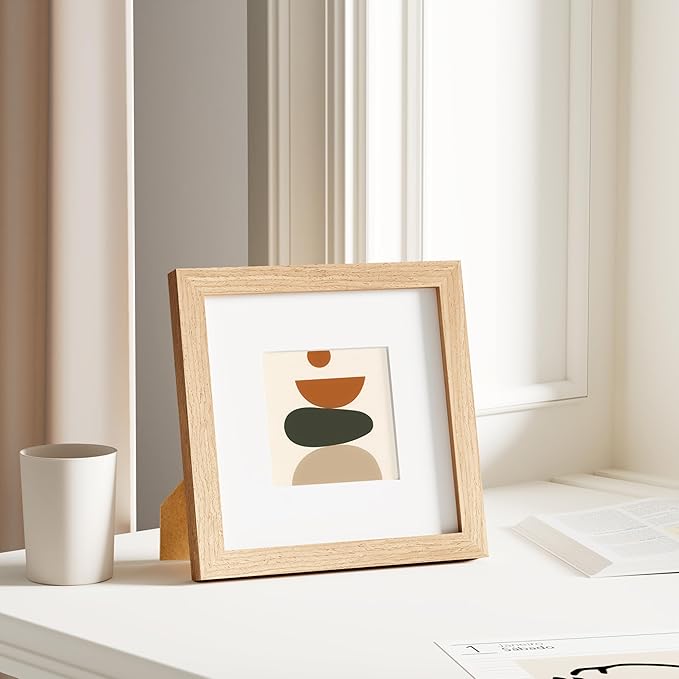 Vittanly 8x8 Picture Frame, Solid Wood Frame with Plexiglass, Includes 4x4 Mat, Wall Hanging or Tabletop for Home Decor, Natural, 1 Pack