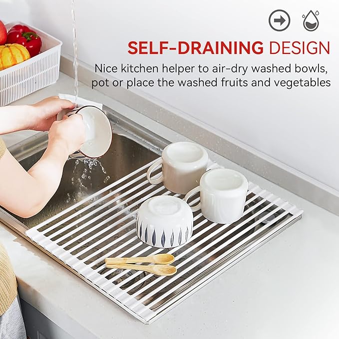 MERRYBOX Roll Up Over The Sink Dish Drying Rack Silicone Wrapped Foldable, Heat-Resistant, Anti-Slip Sink Rack Multipurpose Dish Drainer for Kitchen Sink Counter - White, 17.5" x 11"