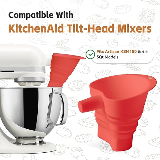 Flour Funnel for KitchenAid Mixer - Stand Mixer Attachment Compatible with (KSM150) 4.5-5 Qt Tilt-Head Mixers Red (Red)