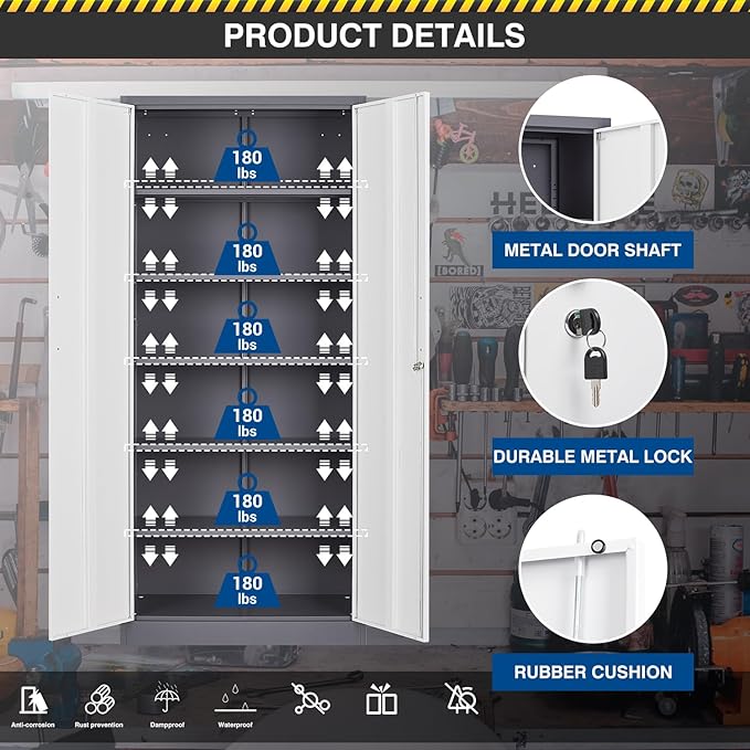 Metal Cabinet Steel Storage Cabinet - 71” Tall Steel File Cabinets with Lockable Doors and 5 Adjustable Shelves Gray&White Storage Cabinets for Home, School, Office, Garage