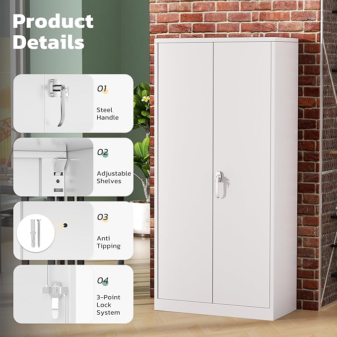 Greenvelly Metal Storage Cabinet with 2 Doors and 4 Adjustable Shelves, 72”H Metal Cabinet Lockable Storage Cabinet,Tall Locking File Cabinet for Office,Home, Garage, Gym, School