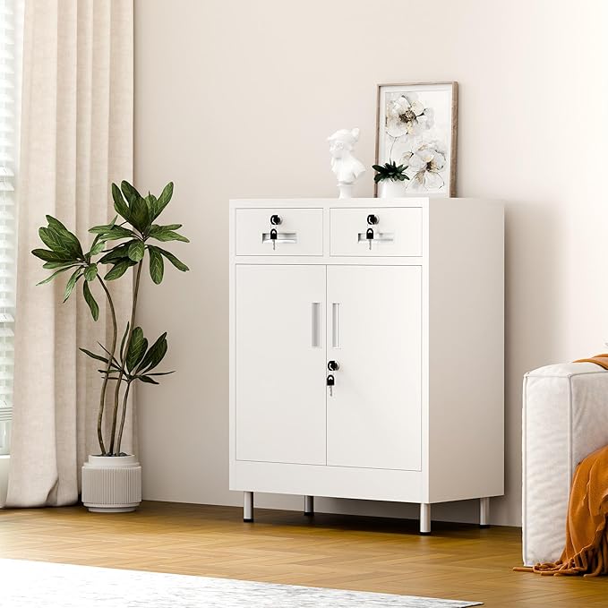 Metal Storage Cabinet with Locking Doors and 2 Drawers, Lockable Storage Cabinet with Adjustable Shelf for Home Office Garage Entryway Pantry (White)