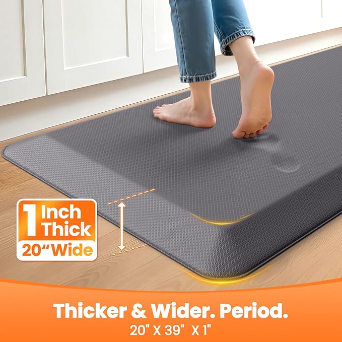 Kitchen Mats for Floor, 1 Inch Extra-Thick Kitchen Rugs, Non-Slip & Waterproof Standing Desk Mat, Comfort Anti Fatigue Mats for Kitchen Floor, Home, Sink, Office (20" X 32", Grey)