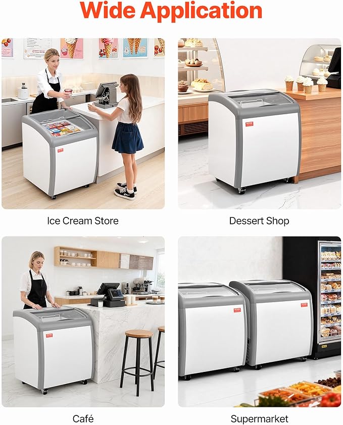 VEVOR Commercial Ice Cream Display Case, 5.4 Cu.ft Chest Freezer, -19 to 3℉ Temp Adjustable Mobile Top Deep Freezer with 2 Wire Baskets, 2 Sliding Glass Doors, Locking Casters & LED Strip Lighting