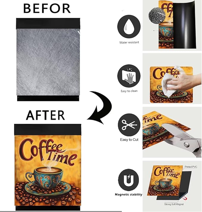 Retro Coffee Time Dishwasher Magnet Cover,Vintage-Style Coffee Beans Magnetic Dishwasher Cover Vinyl Sticker,Fridge Door Cover Magnets Art Skin Panel Decal,Home Decor Decal,23"X26"