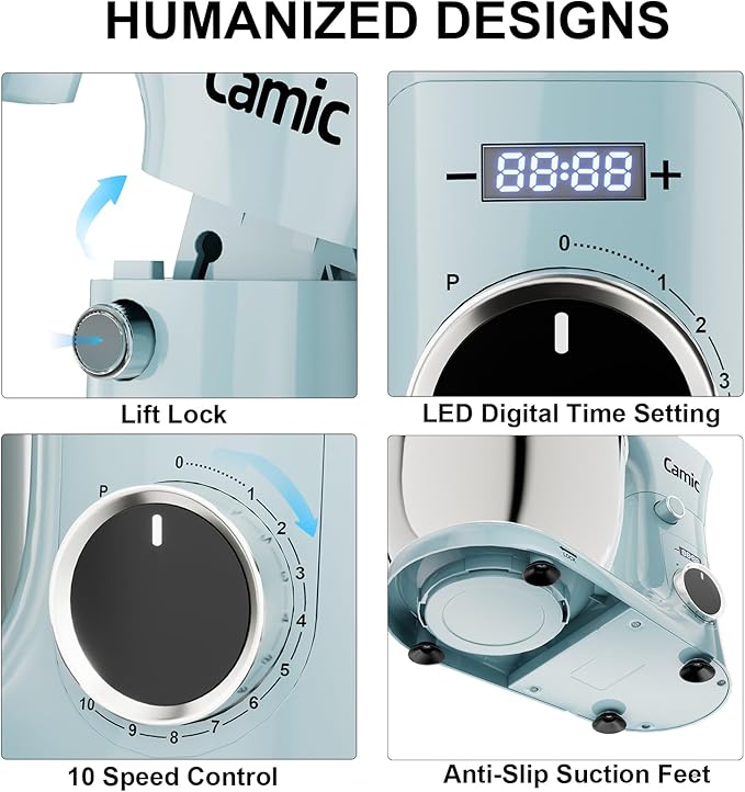 Camic Stand Mixer, 4.2QT+5.3QT Two bowls Electric Food Mixer, 10 Speeds with Digital setting 3-IN-1 Kitchen Mixer for Baking Cakes Cookie Bread Salad with Egg Whisk,Dough Hook,Flat Beater(Blue)