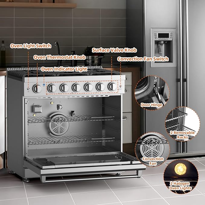 36 Inch Stainless Steel Dual Fuel Range, Freestanding Stove with 6 Sealed Gas Burners and a 6.0 Cu.Ft Self-Cleaning Electric Oven, Features True Convection for Home or Commercial Kitchens