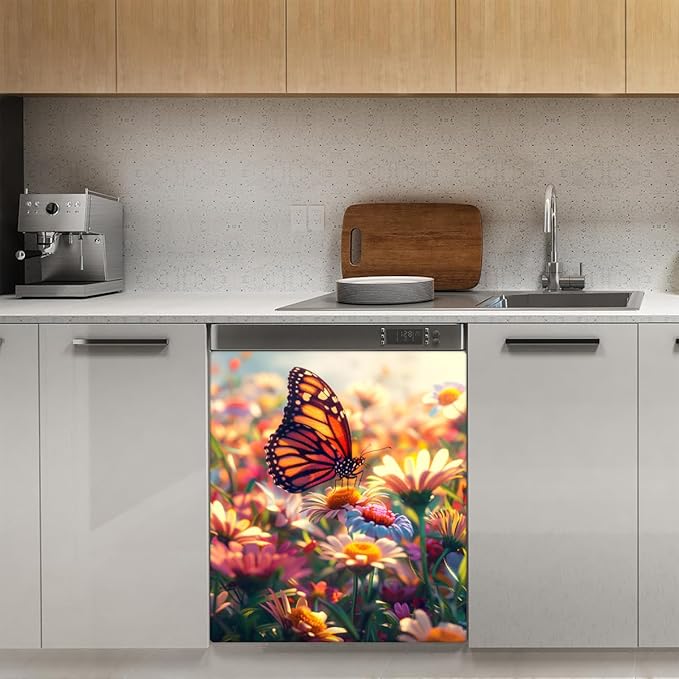 Butterfly Beautiful Flowers Dishwasher Magnet Cover, Reusable Refrigerator Panel Stickers Microwave Front Door Covers Magnets for Kitchen Home Appliances Holiday Party Decorations 23 X 26 in