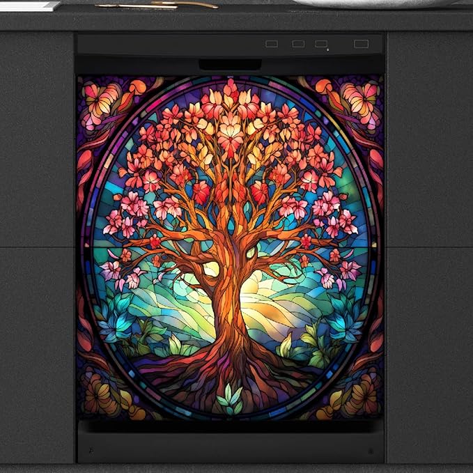 Dishwasher Magnet Cover Tree of Life Flower Magnetic Dishwasher Decorative Cover Front Dishwasher Door Cover Reuseable Dishwasher Cover Panel Decal for Kitchen Refrigerator Home Appliances 26" X 23"