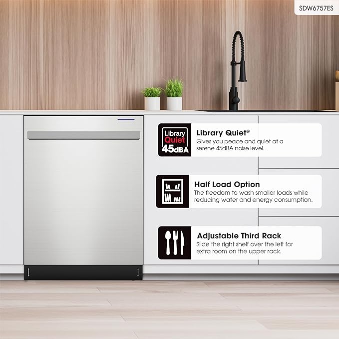 SHARP SDW6757ES Slide-In Dishwasher, Stainless Steel Finish, 24" Wide, Soil Sensors, Premium White LED Interior Lighting, Smooth Glide Rails, Heated Dry Option, Responsive Wash Cycles, Power Wash Zone