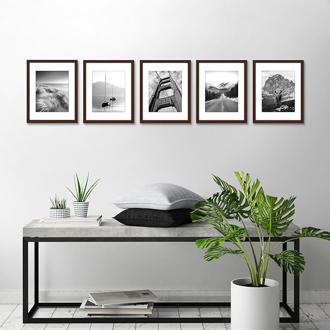 Americanflat 11x14 Picture Frame with Polished Plexiglass - Set of 5 - Use as 8x10 Frame with Mat or Display 11x14 Photo Without Mat - Galleria Collection - Picture Frames for Wall Display - Mahogany