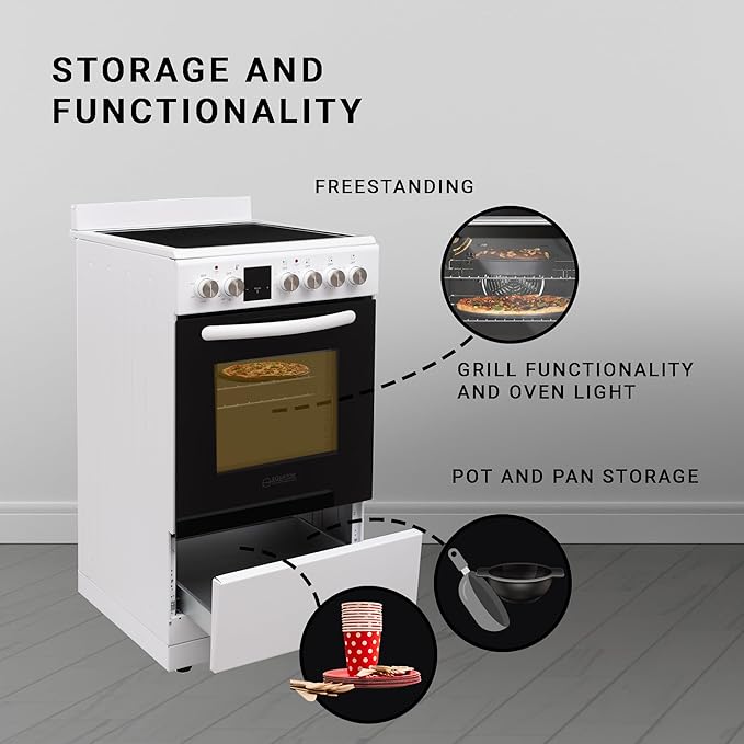 Equator ECR 204 20" Electric Range in WHITE – 4 Ceramic Burners, Convection Oven & Air Fry Function, Compact Freestanding Electric Stove for Apartments, Condos & Tiny Kitchens