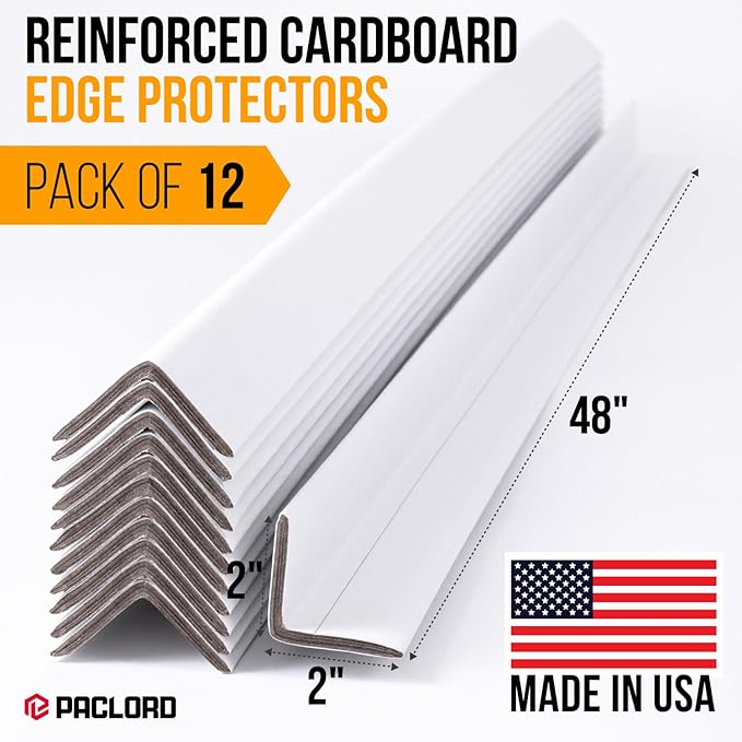 48" x 2" x 2" Reinforced Cardboard Edge Protectors, White (Pack of 12) – 0.225" Thick Extra Heavy-Duty Cardboard Corner Protectors – American Quality V-Board Pallet Edge Protectors