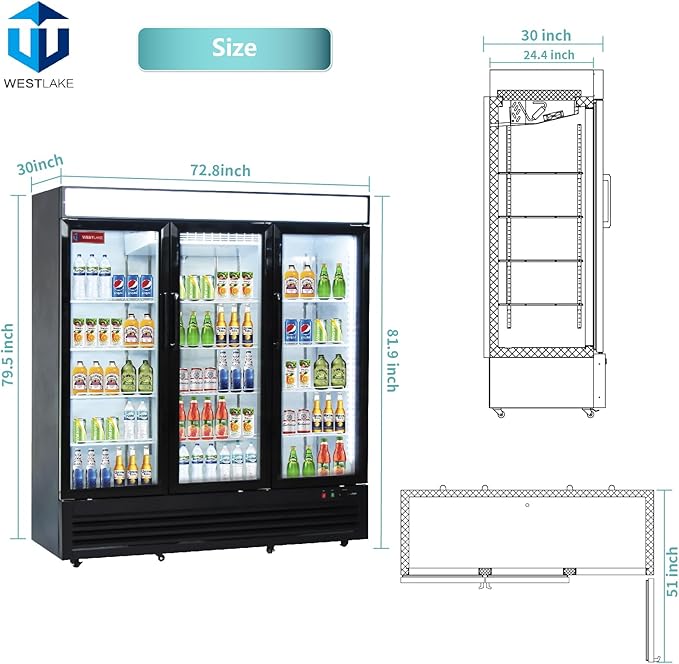 WESTLAKE 73" W Merchandiser Commercial Display Refrigerator 3 Glass Door 3 Section Reach-in Glass Door Upright Fan Cooling 54 Cu.ft Cooler for Restaurant, Bar, Shop, etc