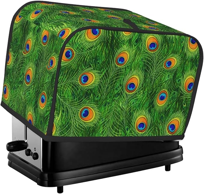 2 Slice Toaster Dust Cover Green Peacock Feathers, Small Kitchen Appliance Protector, Dust & Fingerprint Protection Washable Cover