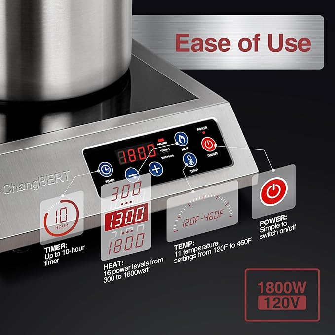 ChangBERT Portable Induction Cooktop 1800W NSF Certified Commercial Range Powerful Countertop Burner Pro Chef Professional Hot Plate 18/10 Stainless Steel Housing Schott Glass 10 Hours Timer
