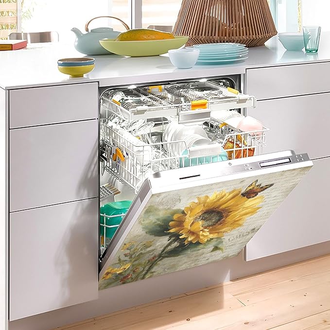 Floral Fall Sunflower Yellow Dishwasher Magnet Cover for Front Panel Magnetic Dishwasher Cover Decorative Refrigerator Magnet Covers Dishwashers Magnetic Sticker for Home Kitchen Decor, 23" x 26"