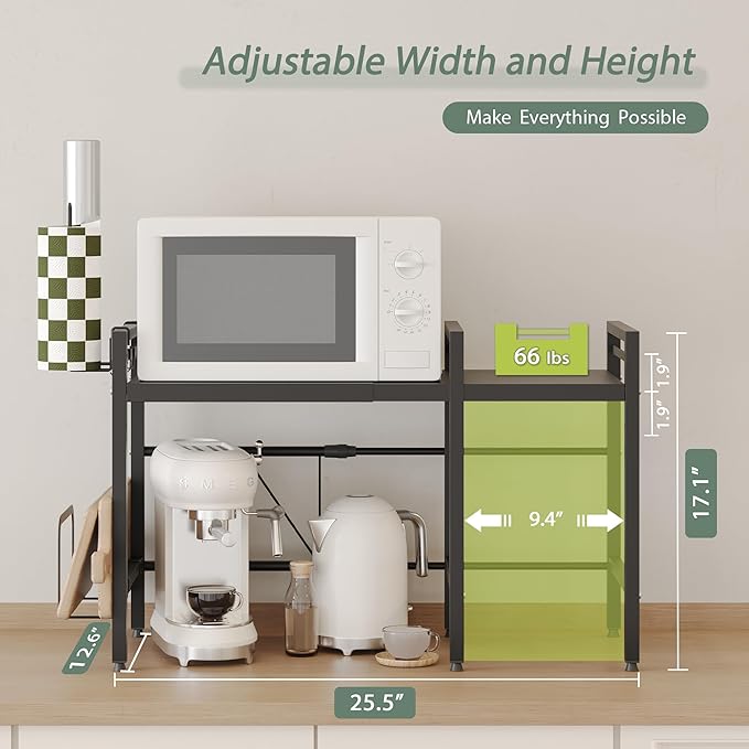 NETEL Expandable Microwave Stand,2 Tier Metal Kitchen Countertop Organizer Shelves with Paper Towel and Chopping Board Holder,Bakers Rack,Microwave Shelf,Microwave Oven Rack,55lbs Weight Capacity