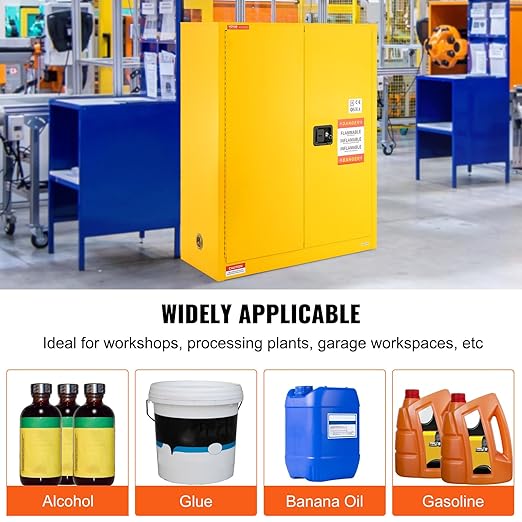 VEVOR Flammable Cabinet 18" x 43" x 50", Cold-Rolled Steel Flammable Liquid Storage Cabinet 34 Gal with 2 Adjustable Shelves/2 Manual Closing Doors for Industrial Use, Yellow