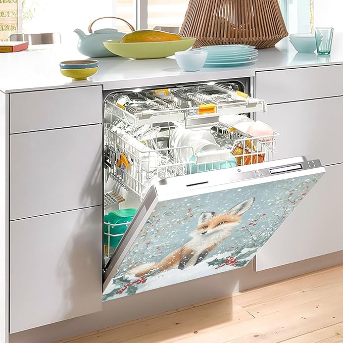 Fox Snow Dishwasher Magnet Cover Front Dishwasher Cover Magnetic Home Cabinet Decals Appliances Stickers Refrigerator Decor, 23x26in