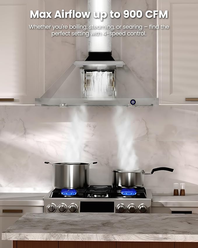 JOCO 36 Inch Wall Mount Range Hood, 900 CFM Stainless Steel Kitchen Chimney Vent Hood, Convertible for Ducted or Ductless Installation, 4-Speed Knob Control P02-36K