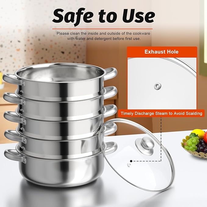 Stainless Steel Steamer Pot, 11.8-Inch Steamer for Cooking, 5-Tier Food Steam Pots with Lid for Cooking Vegetables, Seafood, Soups, Stews, Dumplings and Pasta