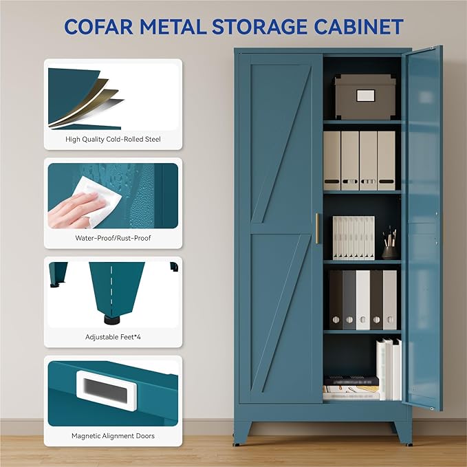 COFaR 71'' Tall Metal Pantry Cabinet, Kitchen Storage Cabinet with Doors and Shelves, Freestanding Farmhouse Food Cupboard for Kitchen Dinning Room Garage, Peacock Blue 5-Tier