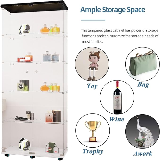 Glass Display Cabinet with LED Light Strip, 5 Shelves with 2 Doors, Curio Storage Cabinets with Lock & Caster for Living Room, Office, Floor Standing Glass Bookshelf, Quick Installation - Black