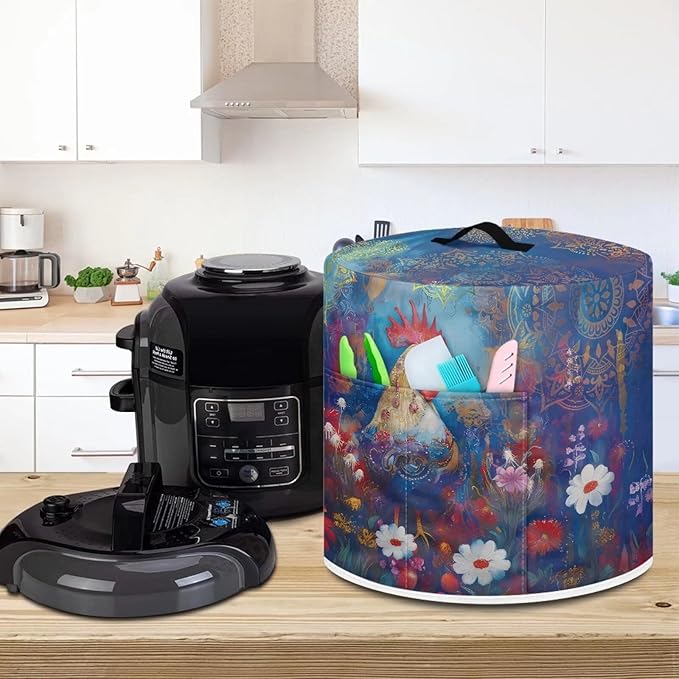 Rooster Flower Print Dust Cover for 6 Quart Instant Pot and Extra Accessories, Dust Proof Easy to Clean Pressure Cooker Cover Electric Appliance Cover Air Fryer Accessories with Pocket