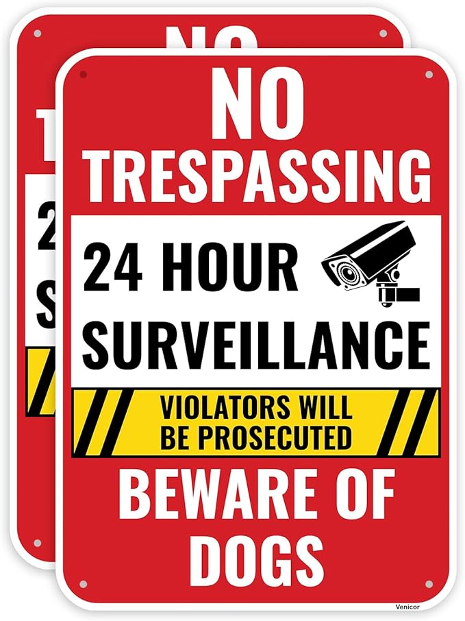 2PC 24 Hour Surveillance Sign, 14 x 10 Inches - Aluminum - Beware Of Dog Private Property No Trespassing - Security Camera Metal Warning Sign